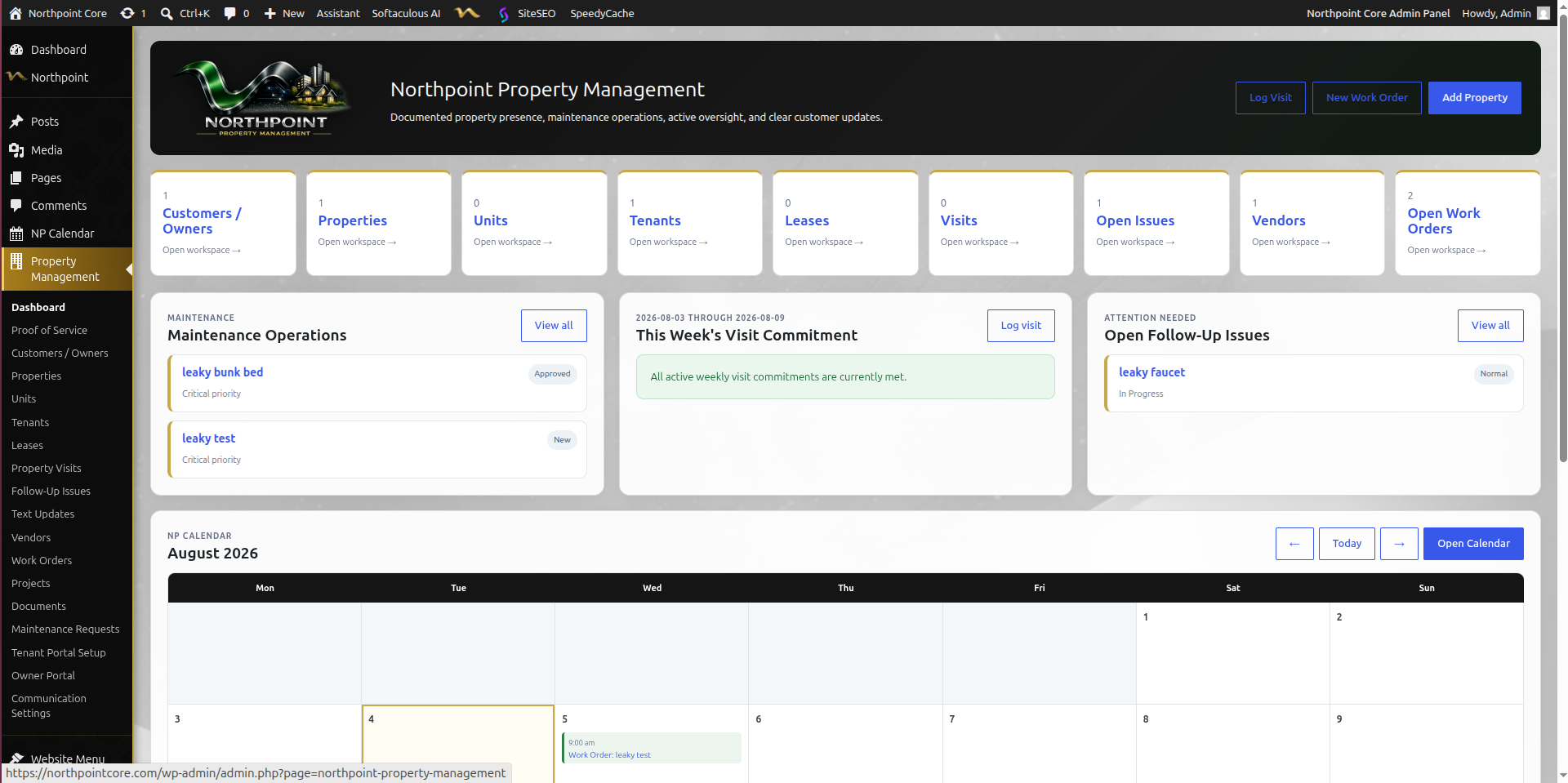 Northpoint Property Management dashboard showing portfolios, work orders, visits, follow-up issues, and calendar